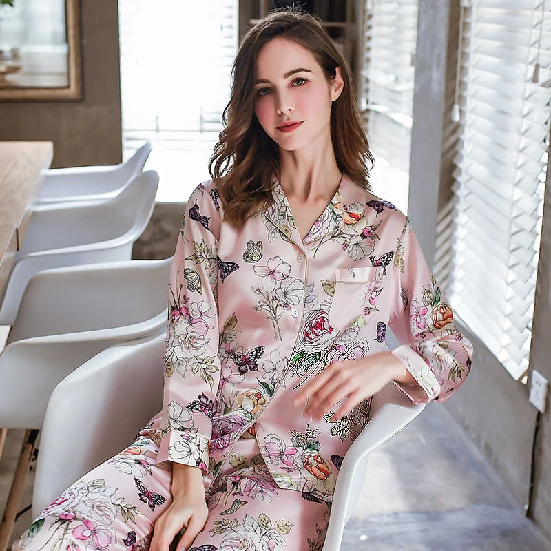 6A 22MM 100% Mulberry Silk Pajamas Women Real Silk Pajama Sets Sleepwear Floral Printed Flower Long Sleeve Pyjamas