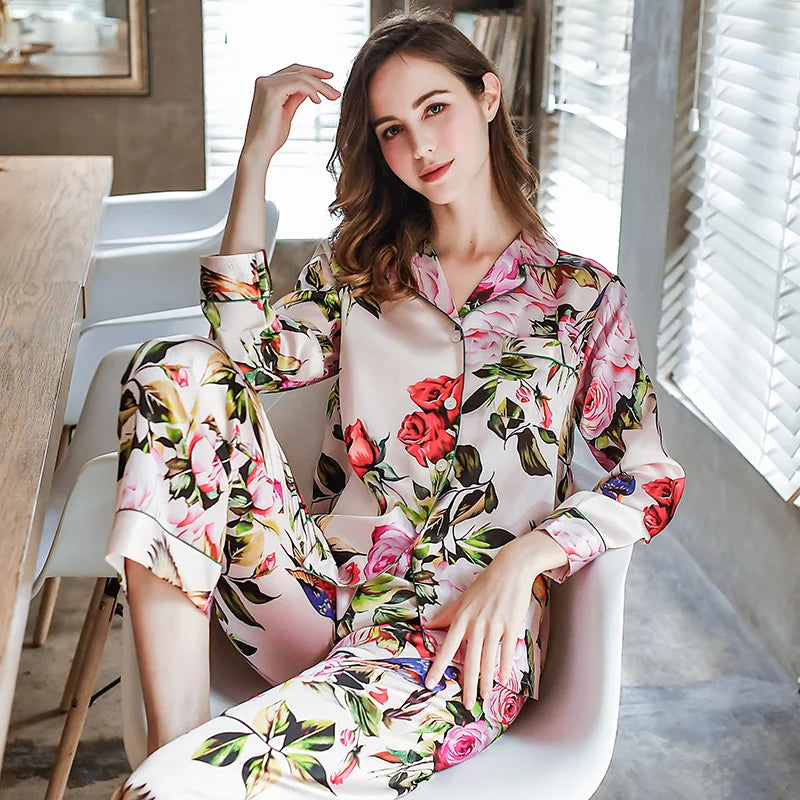 6A 22MM 100% Mulberry Silk Pajamas Women Real Silk Pajama Sets Sleepwear Floral Printed Flower Long Sleeve Pyjamas