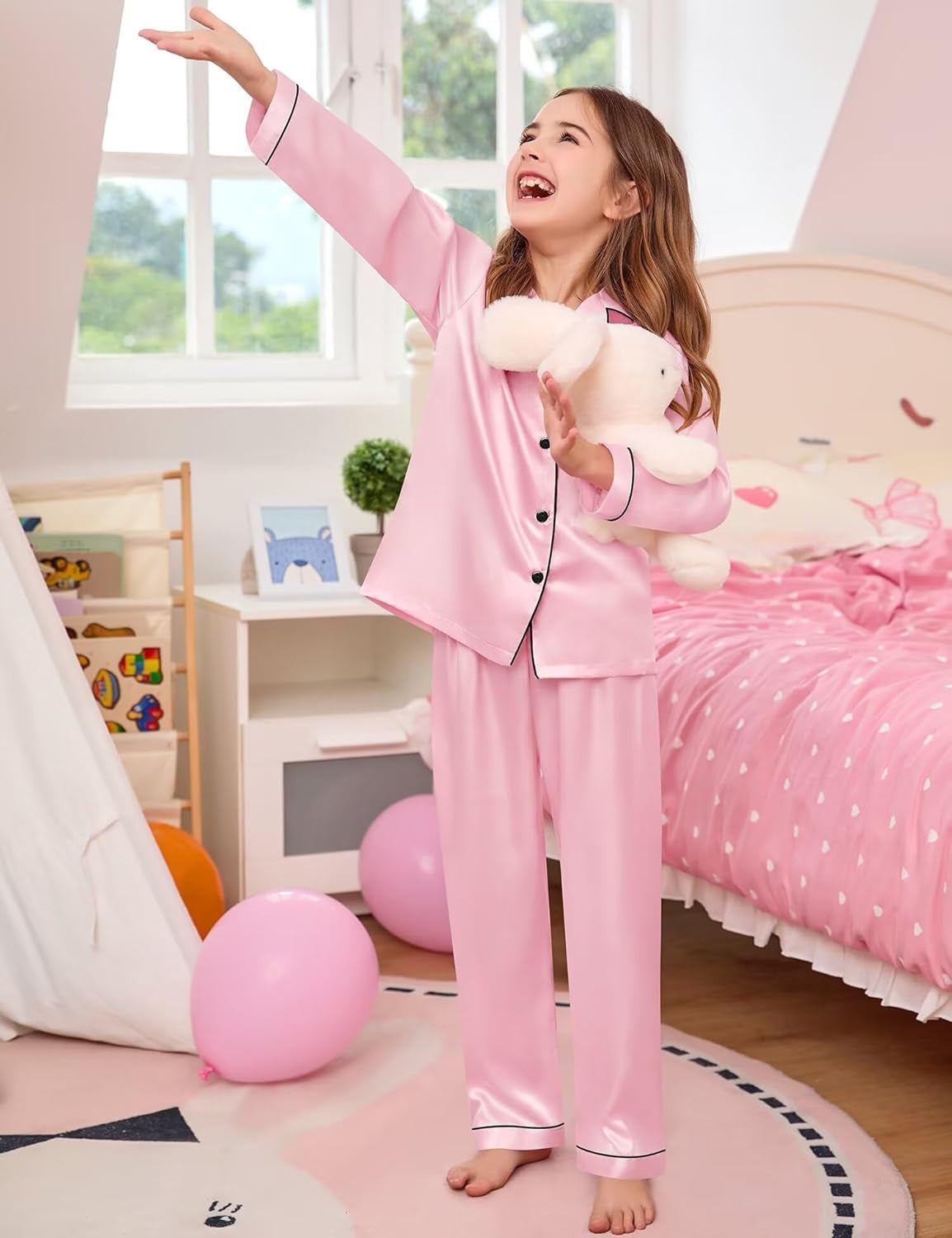 Kid Girls Boys Silk Satin Pajamas Set Button-Down Pjs Sets Two-Piece Lounge Sets Long Sleeve Sleepwear