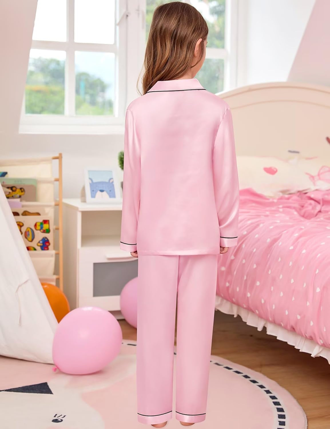 Kid Girls Boys Silk Satin Pajamas Set Button-Down Pjs Sets Two-Piece Lounge Sets Long Sleeve Sleepwear