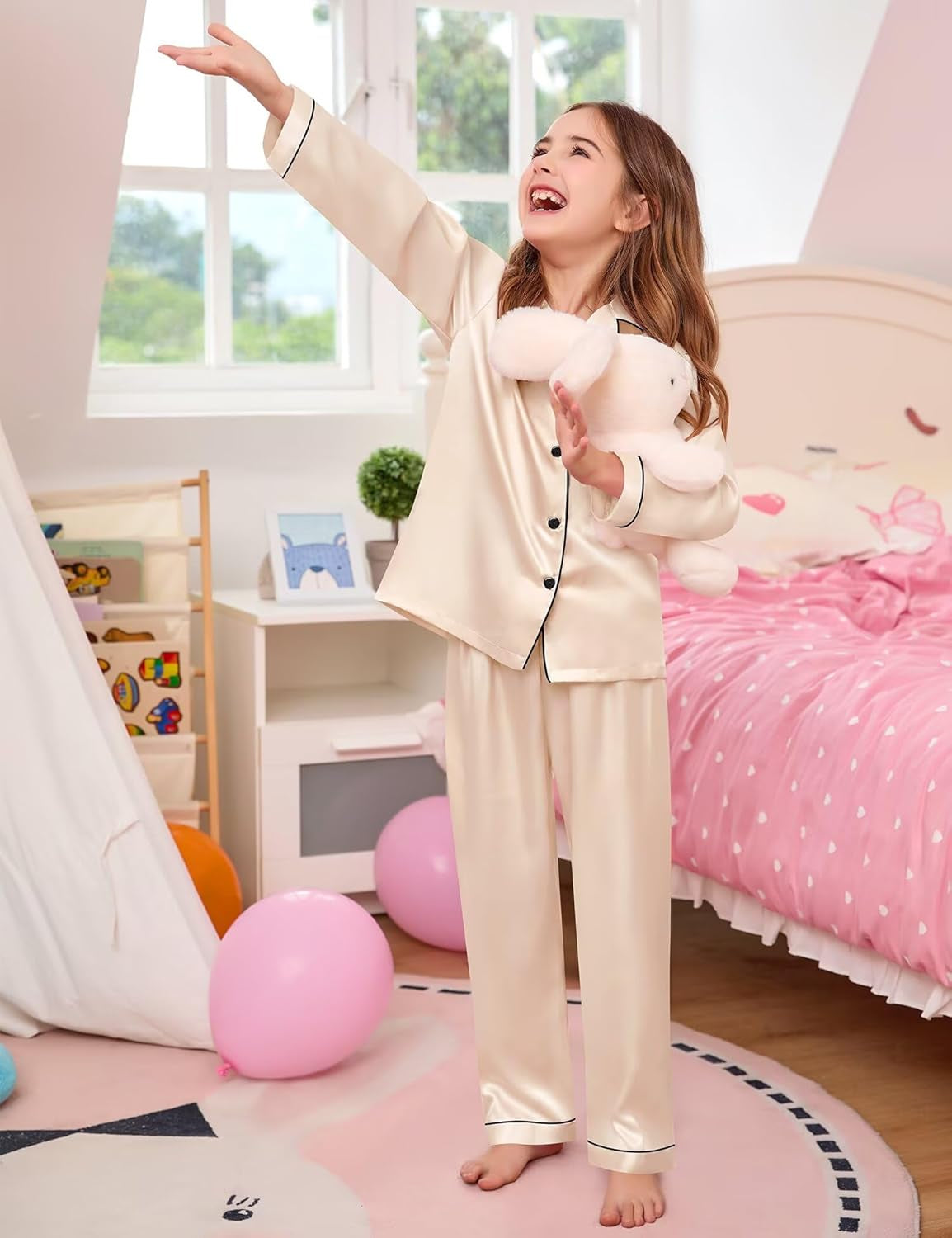 Kid Girls Boys Silk Satin Pajamas Set Button-Down Pjs Sets Two-Piece Lounge Sets Long Sleeve Sleepwear