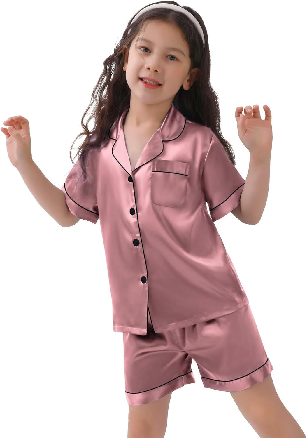 Kids Satin Pajamas Sets Girls Boys Button-Down Pjs Short Sleeve Silk Nightwear 2 Piece Lounge Sets