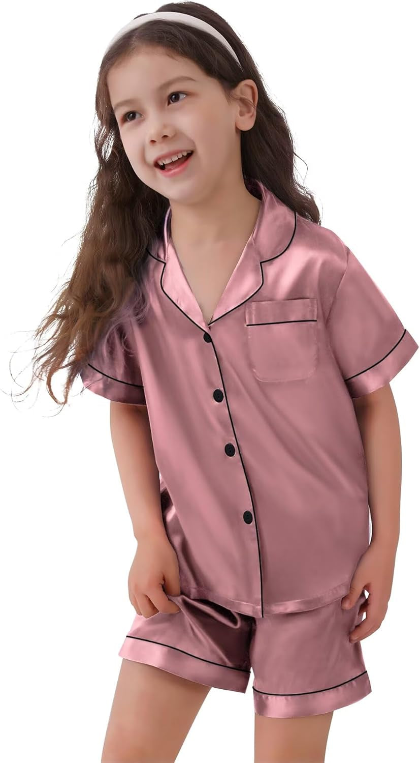 Kids Satin Pajamas Sets Girls Boys Button-Down Pjs Short Sleeve Silk Nightwear 2 Piece Lounge Sets