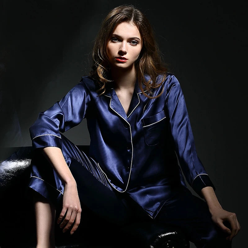 6A Factory Brand 100% Mulberry Silk Pajamas Women Set Summer Autumn Spring Winter Long-Sleeved Two-Piece Set Silk Sleepwear Gray