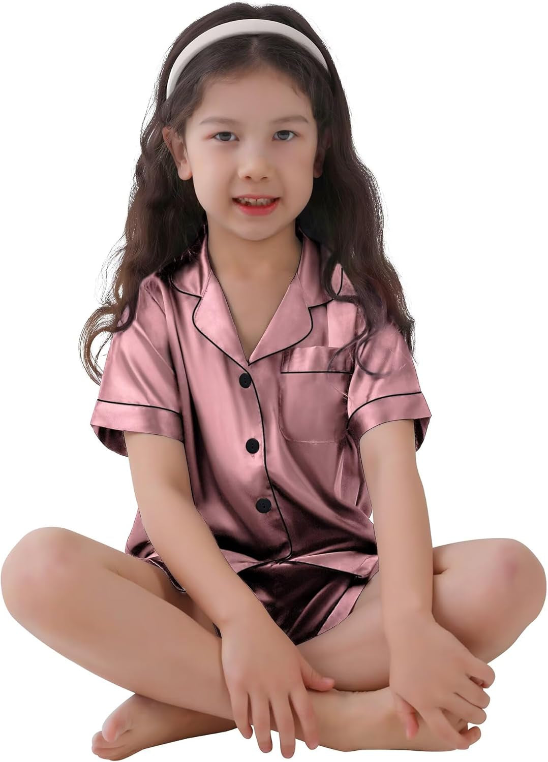 Kids Satin Pajamas Sets Girls Boys Button-Down Pjs Short Sleeve Silk Nightwear 2 Piece Lounge Sets