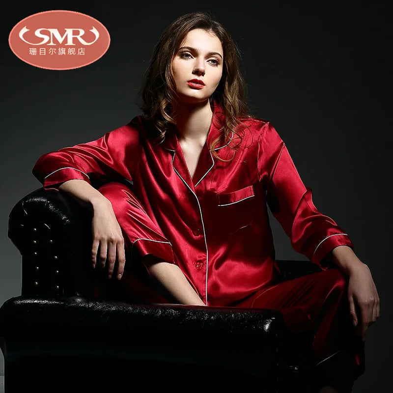 6A Factory Brand 100% Mulberry Silk Pajamas Women Set Summer Autumn Spring Winter Long-Sleeved Two-Piece Set Silk Sleepwear Gray