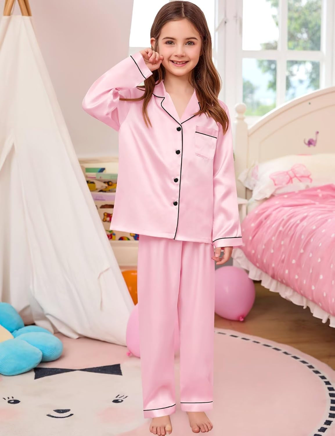Kid Girls Boys Silk Satin Pajamas Set Button-Down Pjs Sets Two-Piece Lounge Sets Long Sleeve Sleepwear