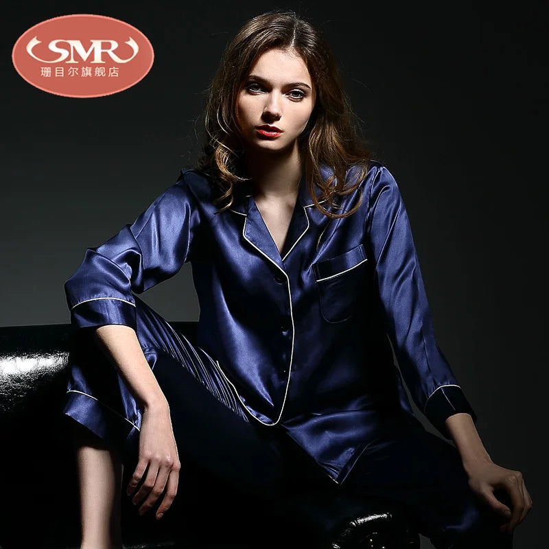 6A Factory Brand 100% Mulberry Silk Pajamas Women Set Summer Autumn Spring Winter Long-Sleeved Two-Piece Set Silk Sleepwear Gray