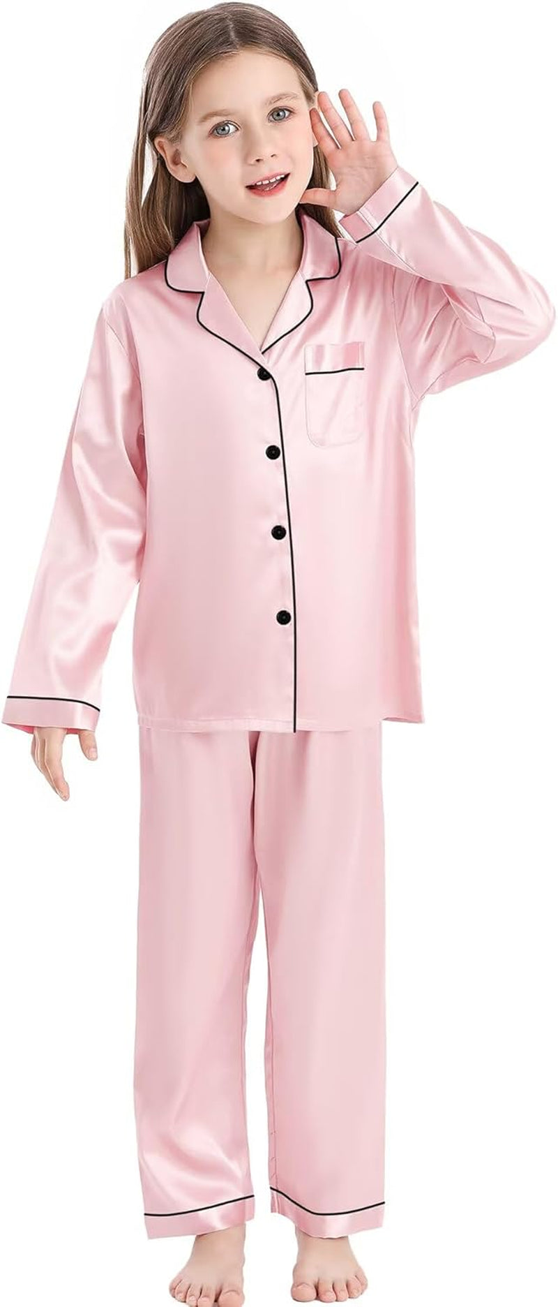 Kid Girls Boys Silk Satin Pajamas Set Button-Down Pjs Sets Two-Piece Lounge Sets Long Sleeve Sleepwear