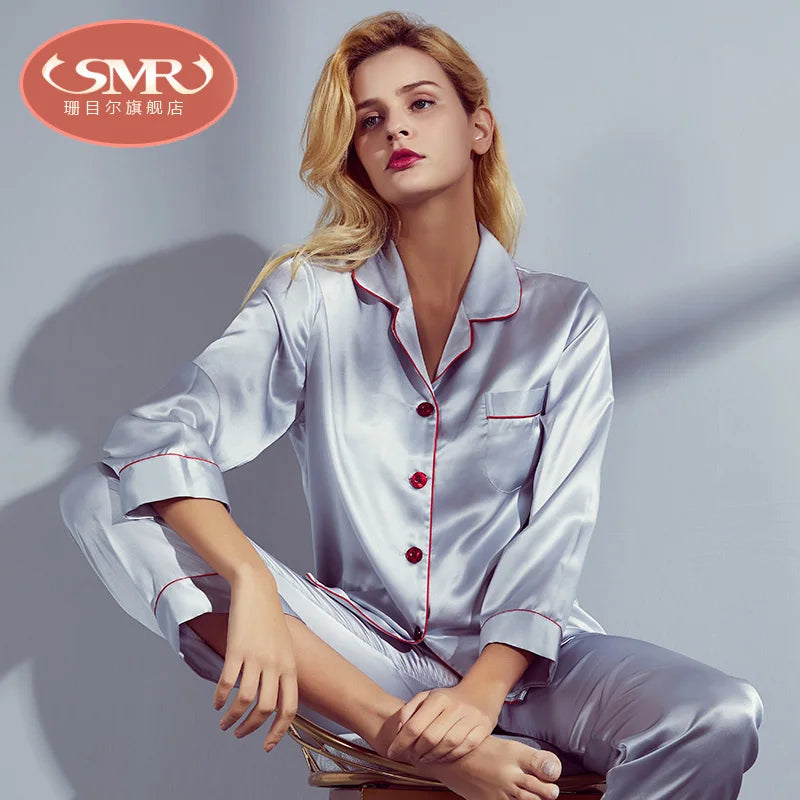 6A Factory Brand 100% Mulberry Silk Pajamas Women Set Summer Autumn Spring Winter Long-Sleeved Two-Piece Set Silk Sleepwear Gray