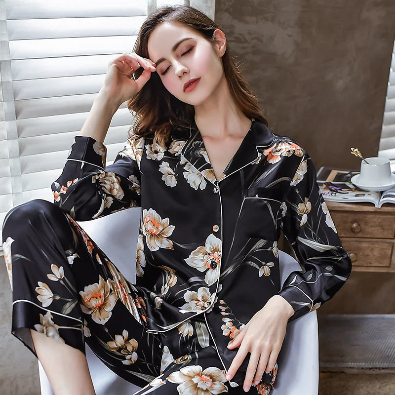 6A 22MM 100% Mulberry Silk Pajamas Women Real Silk Pajama Sets Sleepwear Floral Printed Flower Long Sleeve Pyjamas