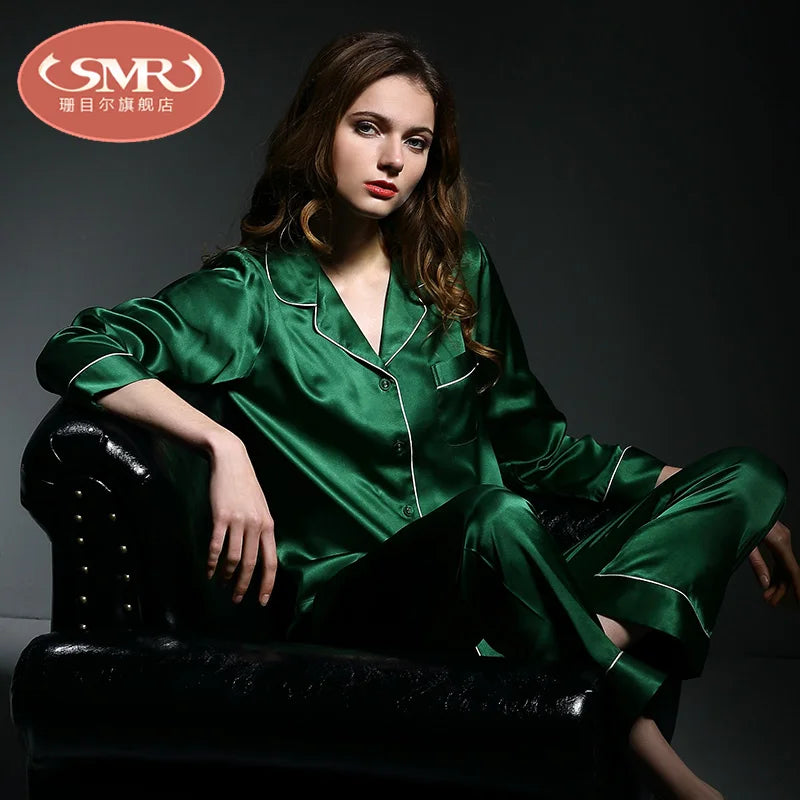 6A Factory Brand 100% Mulberry Silk Pajamas Women Set Summer Autumn Spring Winter Long-Sleeved Two-Piece Set Silk Sleepwear Gray