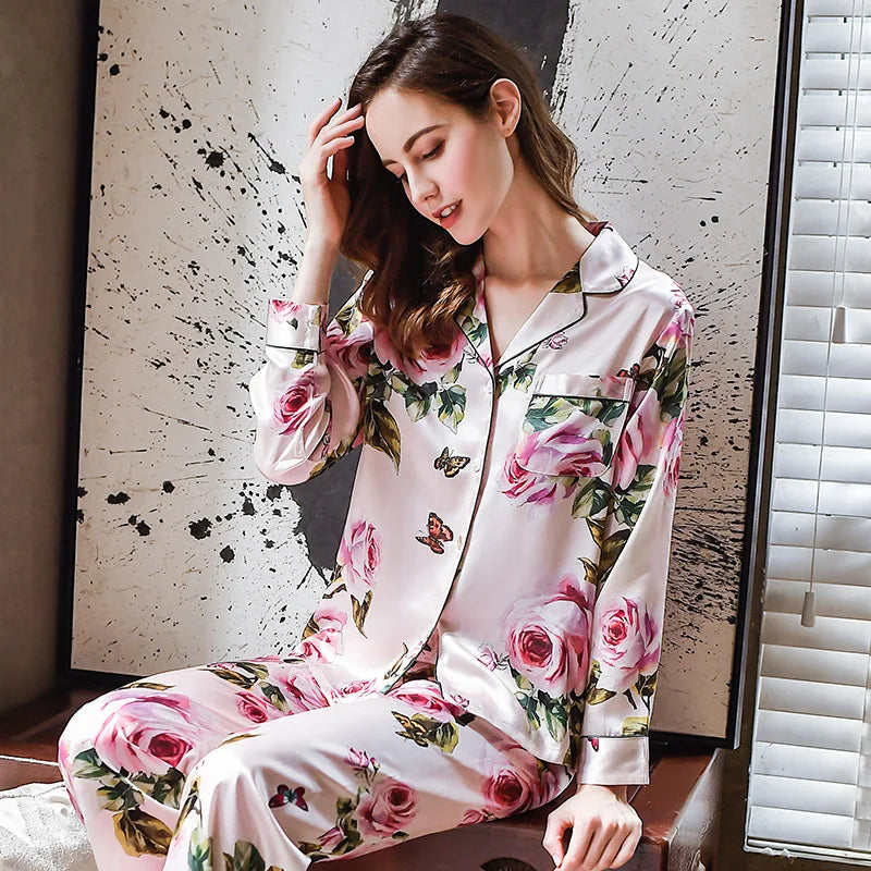 6A 22MM 100% Mulberry Silk Pajamas Women Real Silk Pajama Sets Sleepwear Floral Printed Flower Long Sleeve Pyjamas