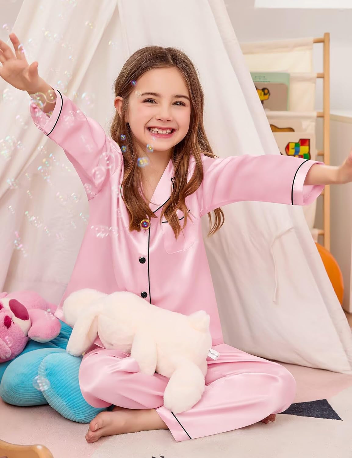 Kid Girls Boys Silk Satin Pajamas Set Button-Down Pjs Sets Two-Piece Lounge Sets Long Sleeve Sleepwear