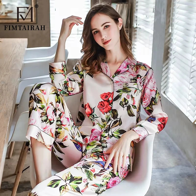 6A 22MM 100% Mulberry Silk Pajamas Women Real Silk Pajama Sets Sleepwear Floral Printed Flower Long Sleeve Pyjamas