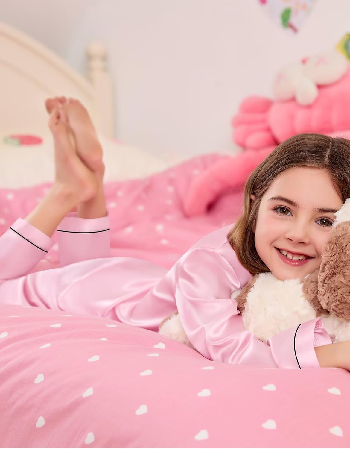 Kid Girls Boys Silk Satin Pajamas Set Button-Down Pjs Sets Two-Piece Lounge Sets Long Sleeve Sleepwear