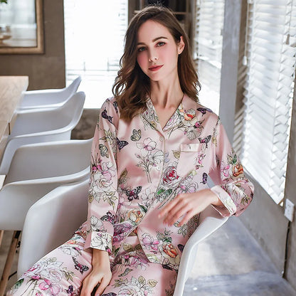 6A 22MM 100% Mulberry Silk Pajamas Women Real Silk Pajama Sets Sleepwear Floral Printed Flower Long Sleeve Pyjamas