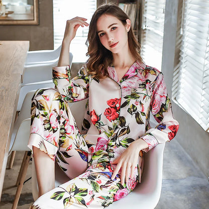 6A 22MM 100% Mulberry Silk Pajamas Women Real Silk Pajama Sets Sleepwear Floral Printed Flower Long Sleeve Pyjamas