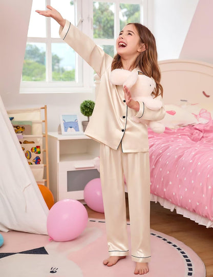 Kid Girls Boys Silk Satin Pajamas Set Button-Down Pjs Sets Two-Piece Lounge Sets Long Sleeve Sleepwear