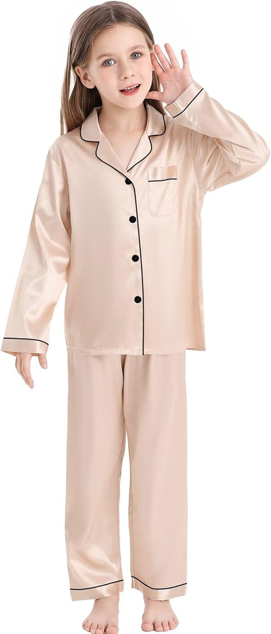 Kid Girls Boys Silk Satin Pajamas Set Button-Down Pjs Sets Two-Piece Lounge Sets Long Sleeve Sleepwear