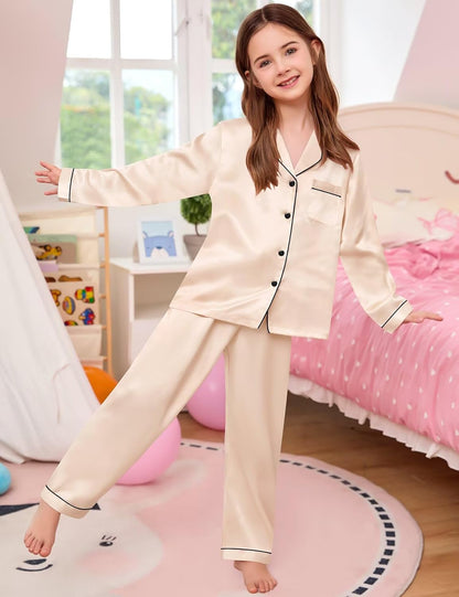 Kid Girls Boys Silk Satin Pajamas Set Button-Down Pjs Sets Two-Piece Lounge Sets Long Sleeve Sleepwear