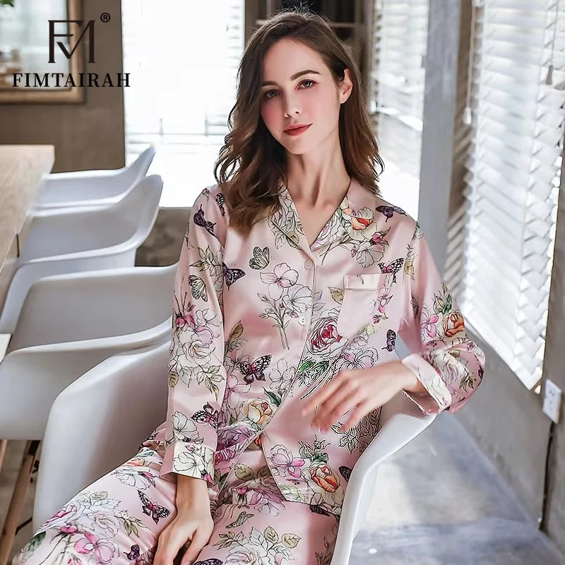 6A 22MM 100% Mulberry Silk Pajamas Women Real Silk Pajama Sets Sleepwear Floral Printed Flower Long Sleeve Pyjamas