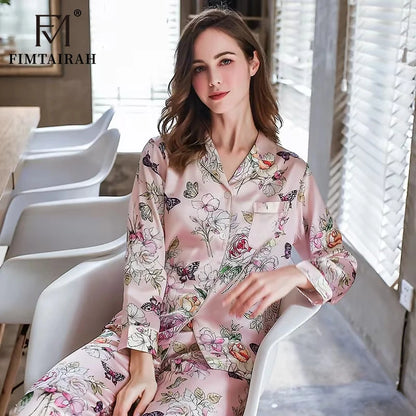 6A 22MM 100% Mulberry Silk Pajamas Women Real Silk Pajama Sets Sleepwear Floral Printed Flower Long Sleeve Pyjamas