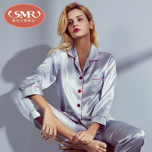 6A Factory Brand 100% Mulberry Silk Pajamas Women Set Summer Autumn Spring Winter Long-Sleeved Two-Piece Set Silk Sleepwear Gray